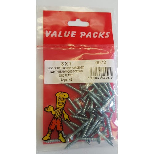 Value Pack 8 X 1'' Pozi Csk Hardened Twinthread Woodscrews Zinc 40 Per Pack Value Pack 8 X 1'' Pozi Csk Hardened Twinthread Woodscrews Zinc 40 Per Pack